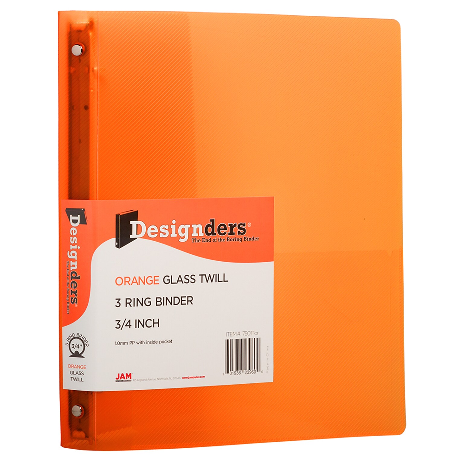 JAM Paper Designders 3/4 3-Ring Flexible Poly Binder, Orange Glass Twill (750T1OR)