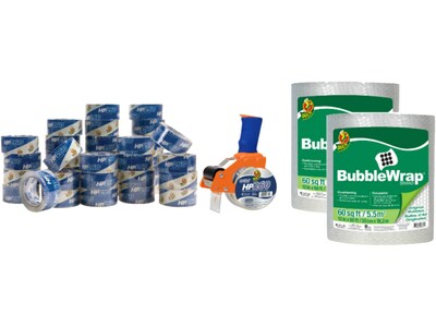 Duck 39 Piece Mailroom Bundle - HP260 Packing Tape 36/Pack + BladeSafe Tape Gun + 60 Bubble Wrap 2/