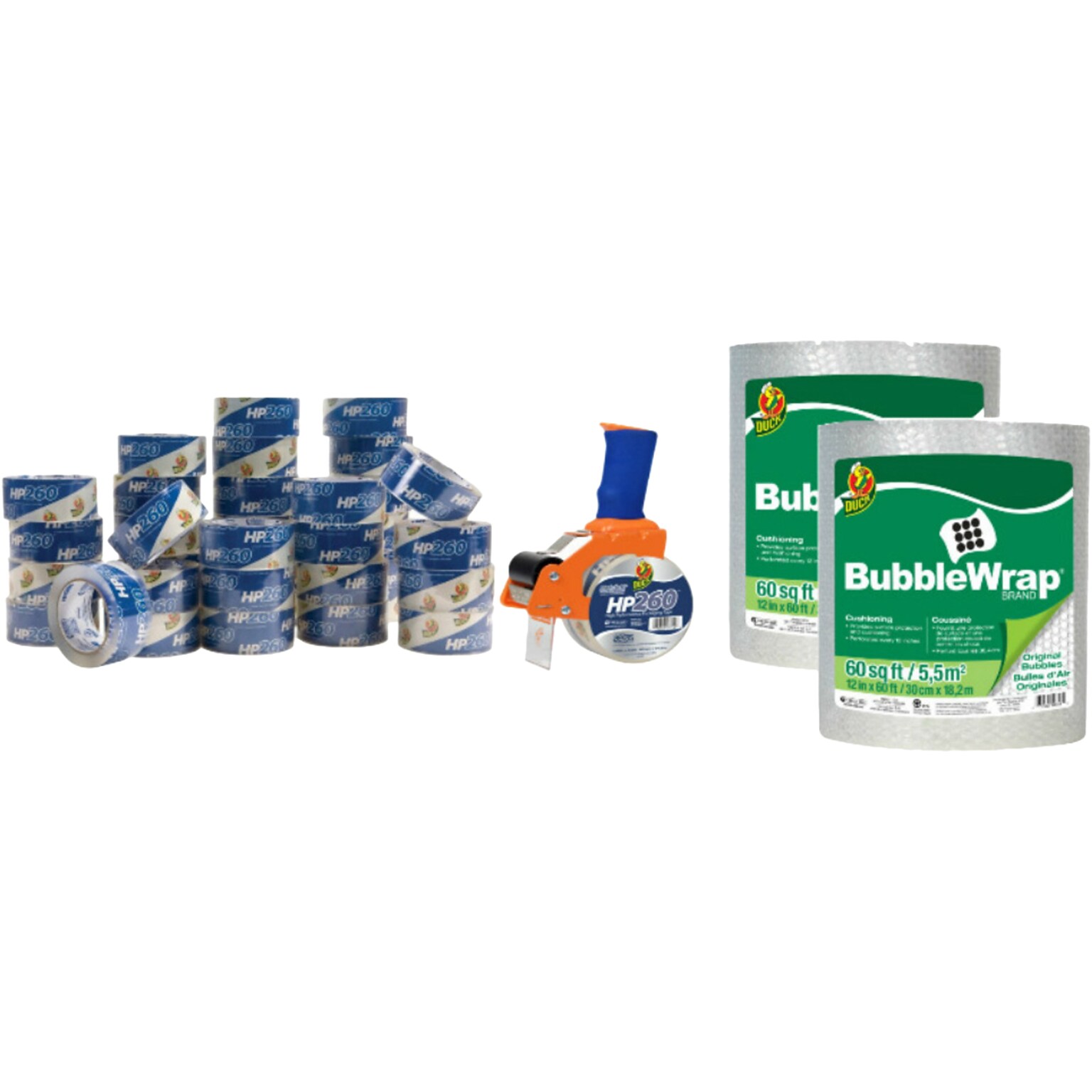 Duck 39 Piece Mailroom Bundle - HP260 Packing Tape 36/Pack + BladeSafe Tape Gun + 60 Bubble Wrap 2/Pack (DUCKLMB-STP)