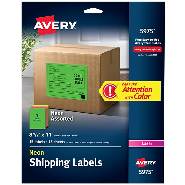 Avery Neon Laser Shipping Labels, 8 1/2 x 11, Assorted Colors, 1 Labels/Sheet, 15 Sheets/Pack (5975)