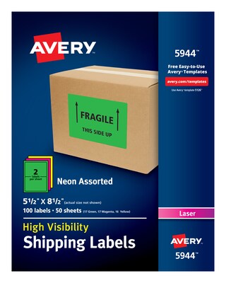 Avery High Visibility Laser Shipping Labels, 5 1/2 x 8 1/2, Neon Assorted, Pack of 100 (5944)