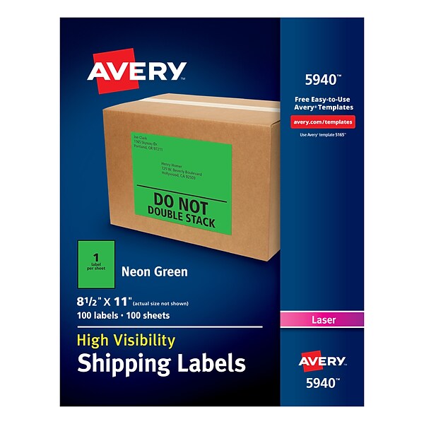 Avery High Visibility Laser Shipping Labels, 8 1/2 x 11, Neon Green, Pack of 100