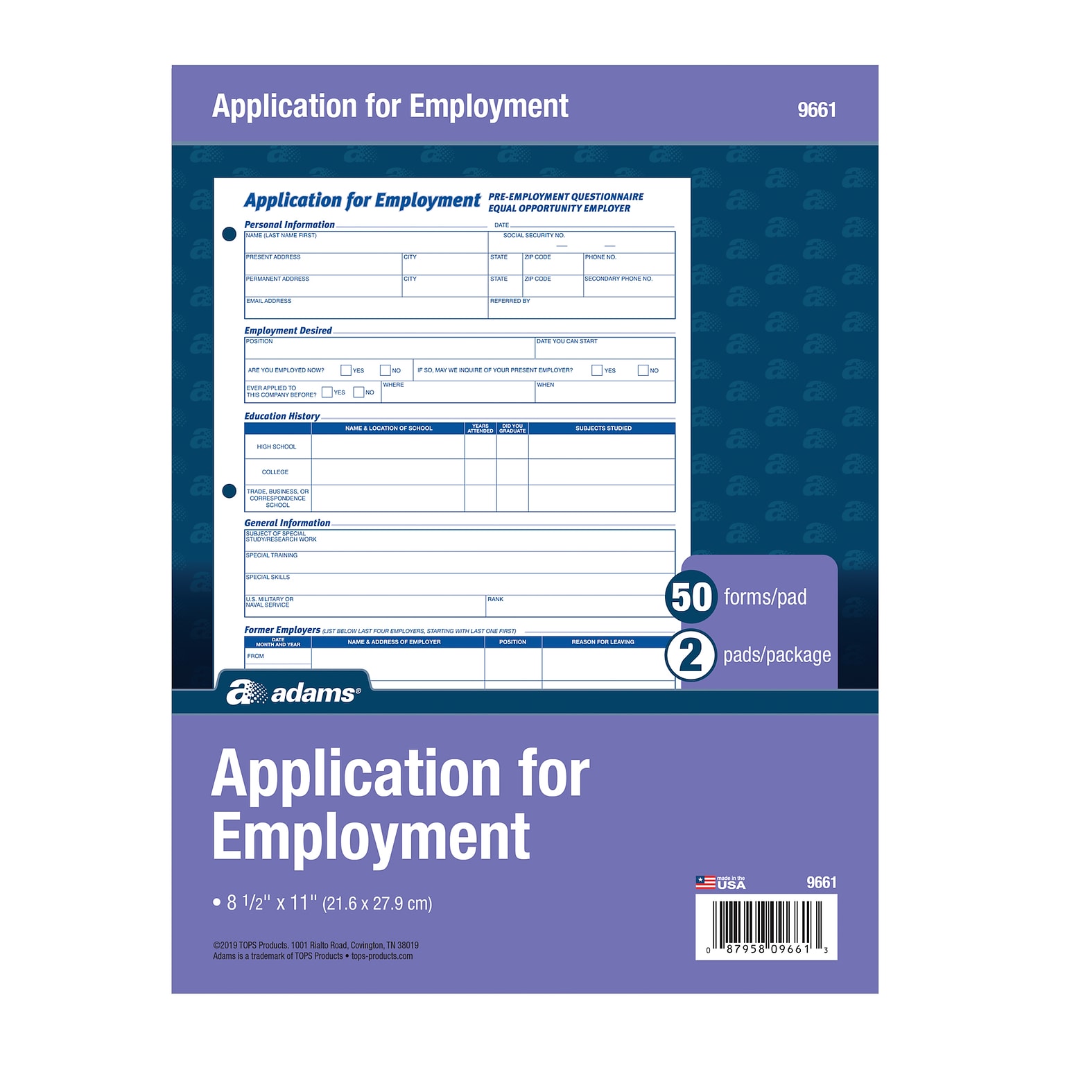 Adams Employment Applications, 50/Pad, 2 Pads/Pack (ABF 9661)