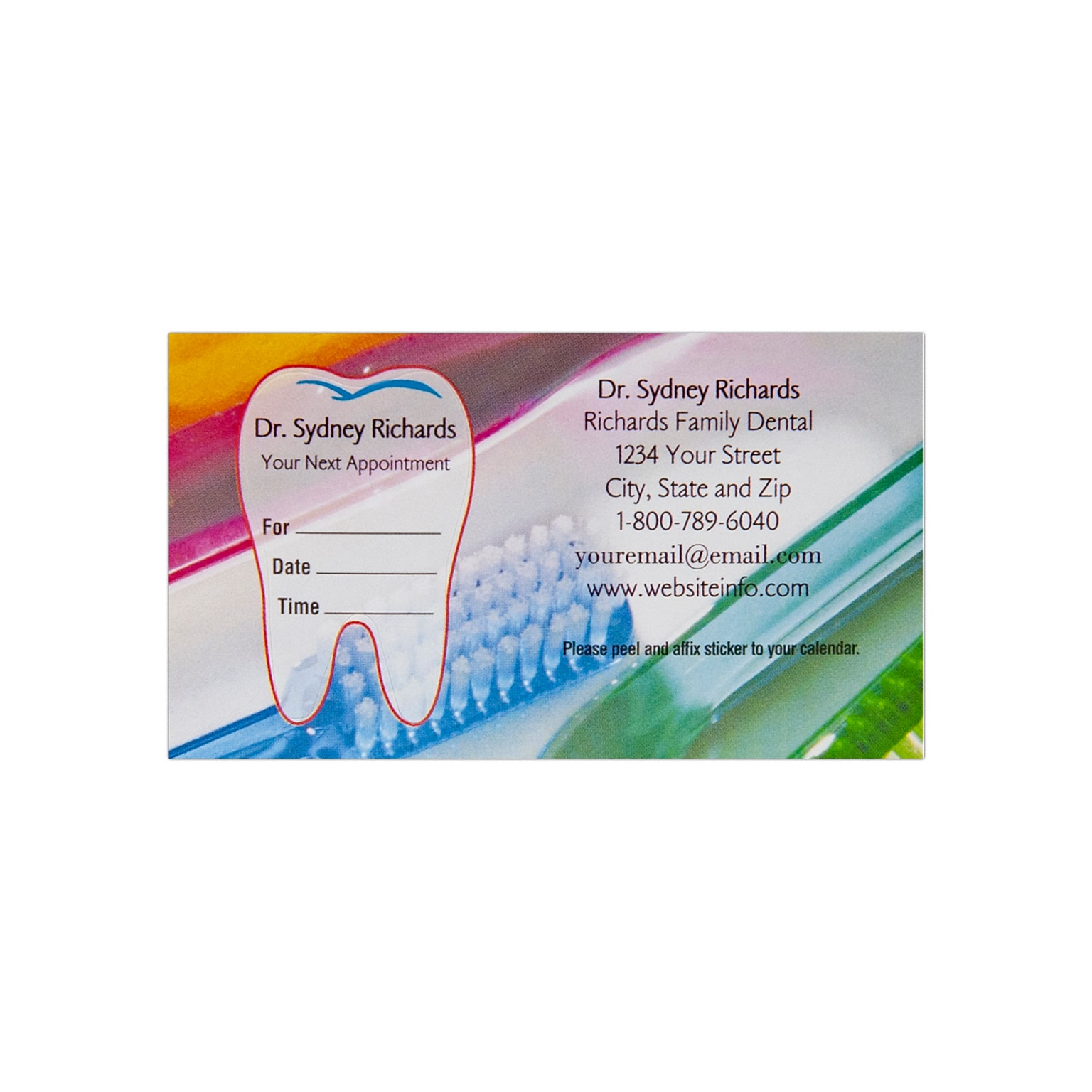Custom Full Color Dental Sticker Appt. Cards, Left Skinny Tooth Sticker, Flat Print, Horizontal, 1-Sided, 250/Pk