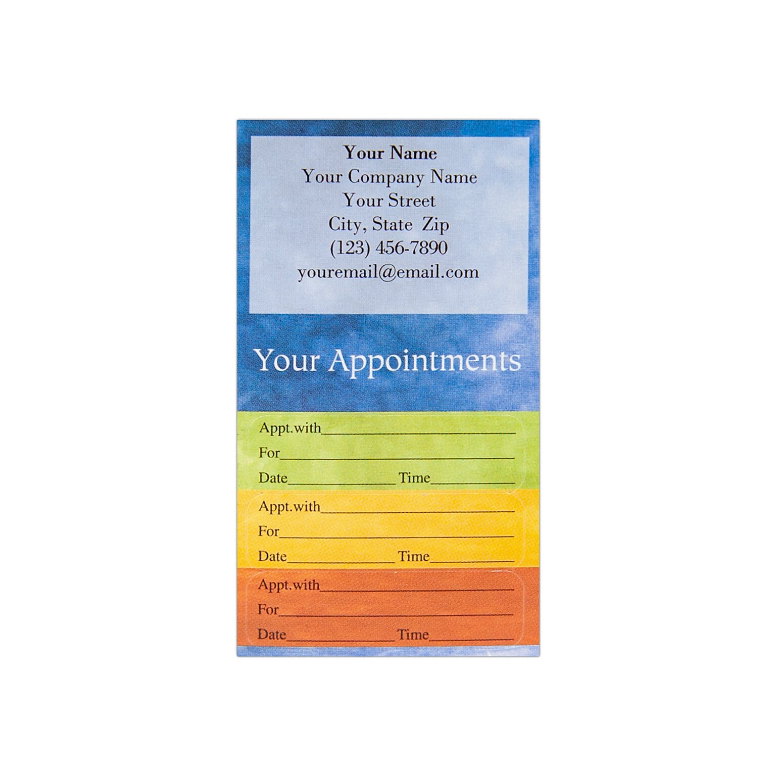 Custom Full Color Sticker Appt. Cards, 3 Bottom Rectangle Stickers, Flat Print, Vertical, 1-Sided, 250/Pk