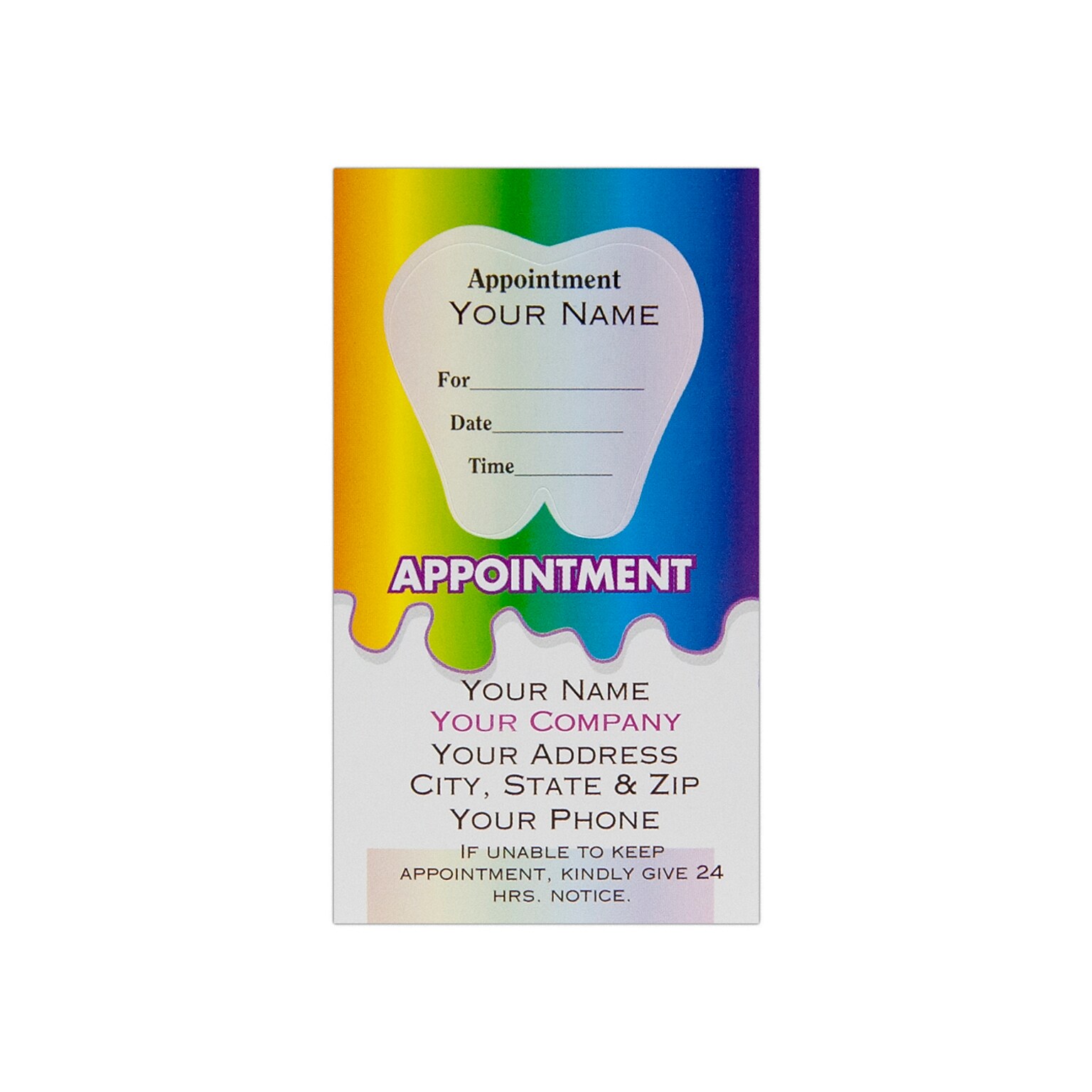 Custom Full Color Dental Sticker Appt. Cards, Top Tooth Sticker, Flat Print, Vertical, 1-Sided, 250/Pk