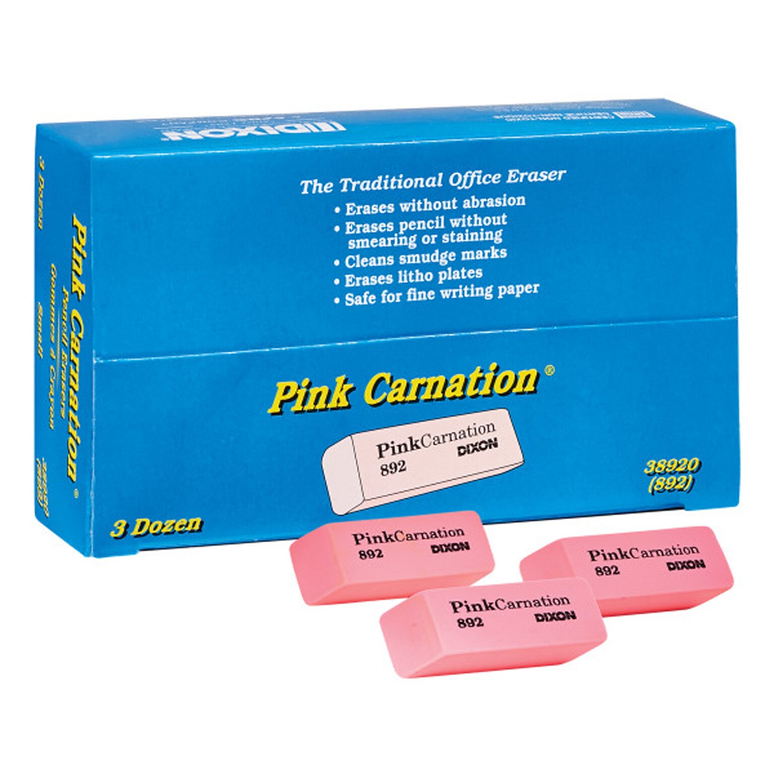 Dixon Pink Carnation Block Erasers, 36/Pack (DIX38920)
