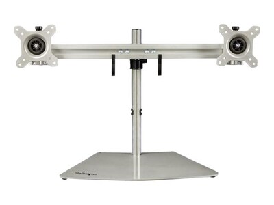 Dual Monitor Stand - Free Standing Desktop Pole Stand for 2x 24 VESA Mount Displays -Synchronized Height Adjustable - Silver