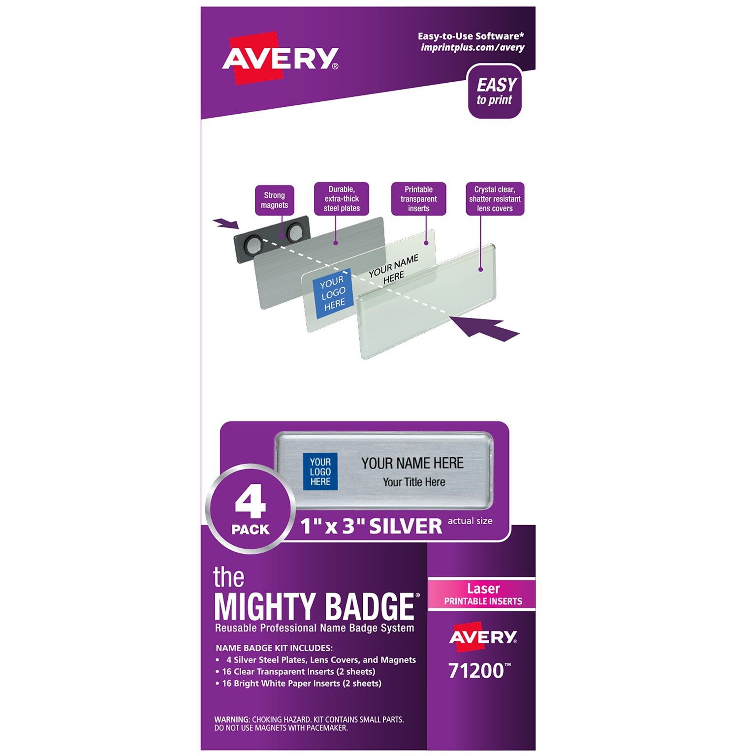 Avery The Mighty Badge Professional Magnet Name Badge Kit, Silver, 4/Pack (71200)