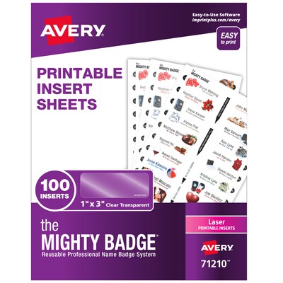 Avery The Mighty Badge Laser Printable Insert Sheets, 1 x 3, Clear, 20 Inserts/Sheet, 5 Sheets/Pac