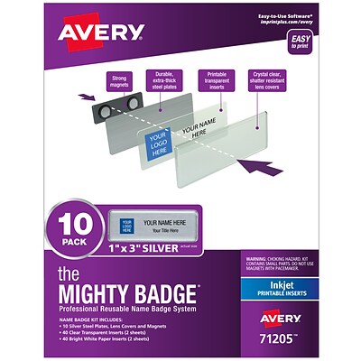 Avery The Mighty Badge Magnet Name Badge Kit, Silver, 10/Pack (71205)