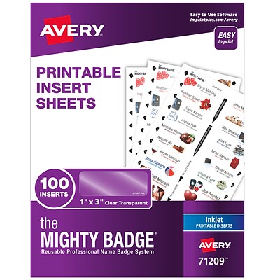 Avery The Mighty Badge Name Badge Kit Printable Insert Refill, Clear, 100/Pack (71209)