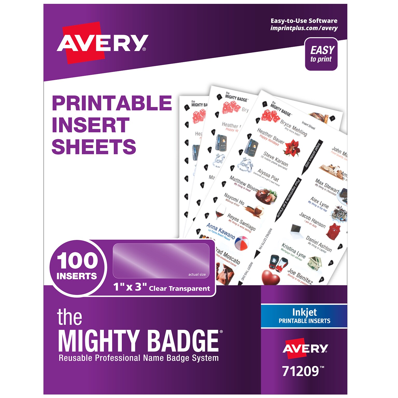Avery The Mighty Badge Inkjet Printable Insert Sheets, 1 x 3, Clear, 20 Inserts/Sheet, 5 Sheets/Pack, 100 Inserts/Pack (71209)