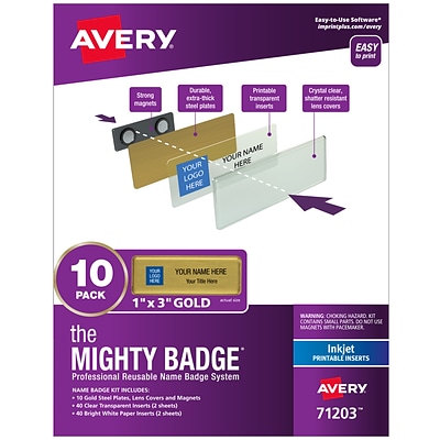 Avery The Mighty Badge Magnet Name Badge Kit, Gold, 10/Pack (71203)
