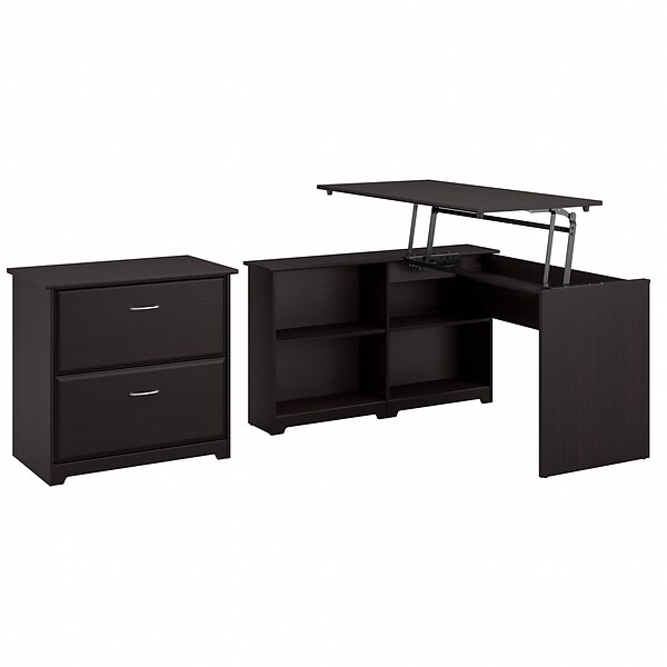 Bush Furniture Cabot 36-42H Position Sit to Stand Corner Bookshelf Desk with Lateral File Cabinet, Espresso Oak (CAB056EPO)