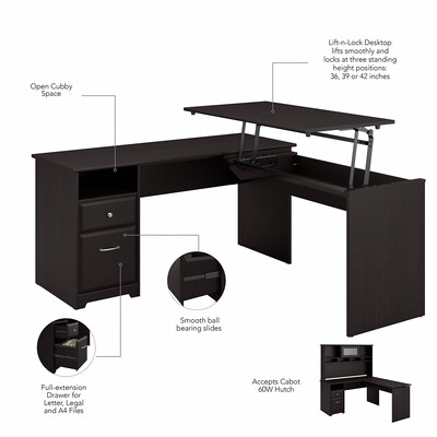 Bush Furniture Cabot 36"-42"H 3 Position L Shaped Sit to Stand Desk, Espresso Oak (CAB043EPO)