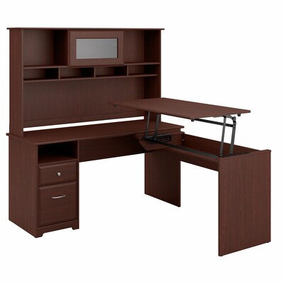Bush Furniture Cabot 36"-42"H 3 Position L Shaped Sit to Stand Desk with Hutch, Harvest Cherry (CAB045HVC)