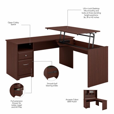 Bush Furniture Cabot 36"-42"H 3 Position L Shaped Sit to Stand Desk with Hutch, Harvest Cherry (CAB045HVC)