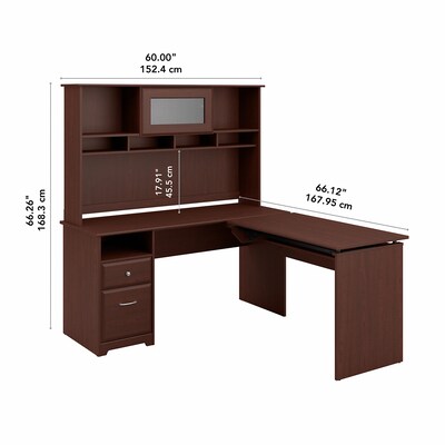 Bush Furniture Cabot 36"-42"H 3 Position L Shaped Sit to Stand Desk with Hutch, Harvest Cherry (CAB045HVC)