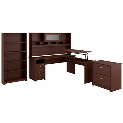 Bush Furniture Cabot 36-42H 3 Position L Shaped Sit to Stand Desk with Hutch and Storage, Harvest Cherry (CAB055HVC)