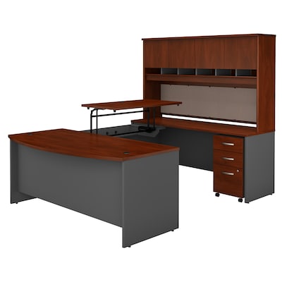Bush Business Furniture Westfield 72W x 36D Sit to Stand Bow Front U Desk with Hutch and File Cabinet, Hansen Cherry, Installed