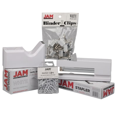 JAM Paper Office Starter Kit, White, Stapler, Tape Dispenser, Paper Clips & Binder Clips, 4/Pack (33