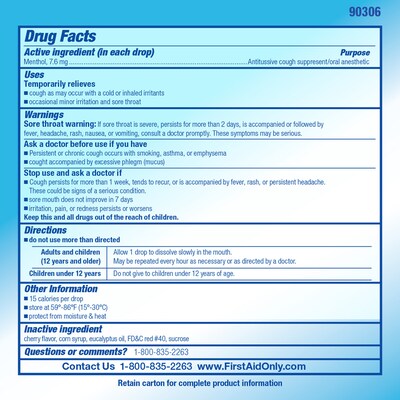 PhysiciansCare Cough & Sore Throat Lozenges, Cherry, 50/Box (90306)