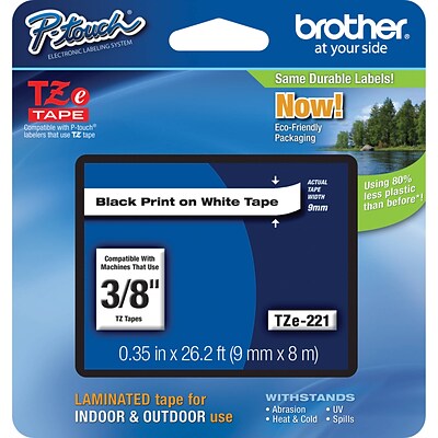 Brother Genuine P-touch TZe-221 Label Maker Tape, 0.35W, Black On White