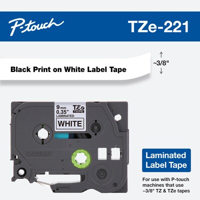 Brother P-touch TZe-221 Laminated Label Maker Tape, 3/8 x 26-2/10, Black On White (TZe-221)
