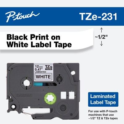 Brother P-touch TZe-231 Laminated Label Maker Tape, 1/2 x 26-2/10, Black On White (TZe-231)
