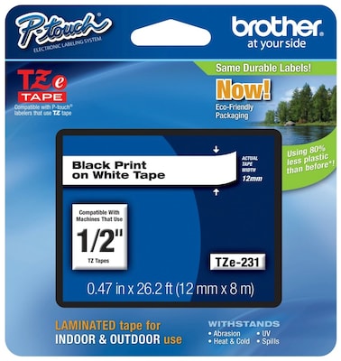 Brother P-touch TZe-231 Laminated Label Maker Tape, 1/2 x 26-2/10, Black On White (TZe-231)