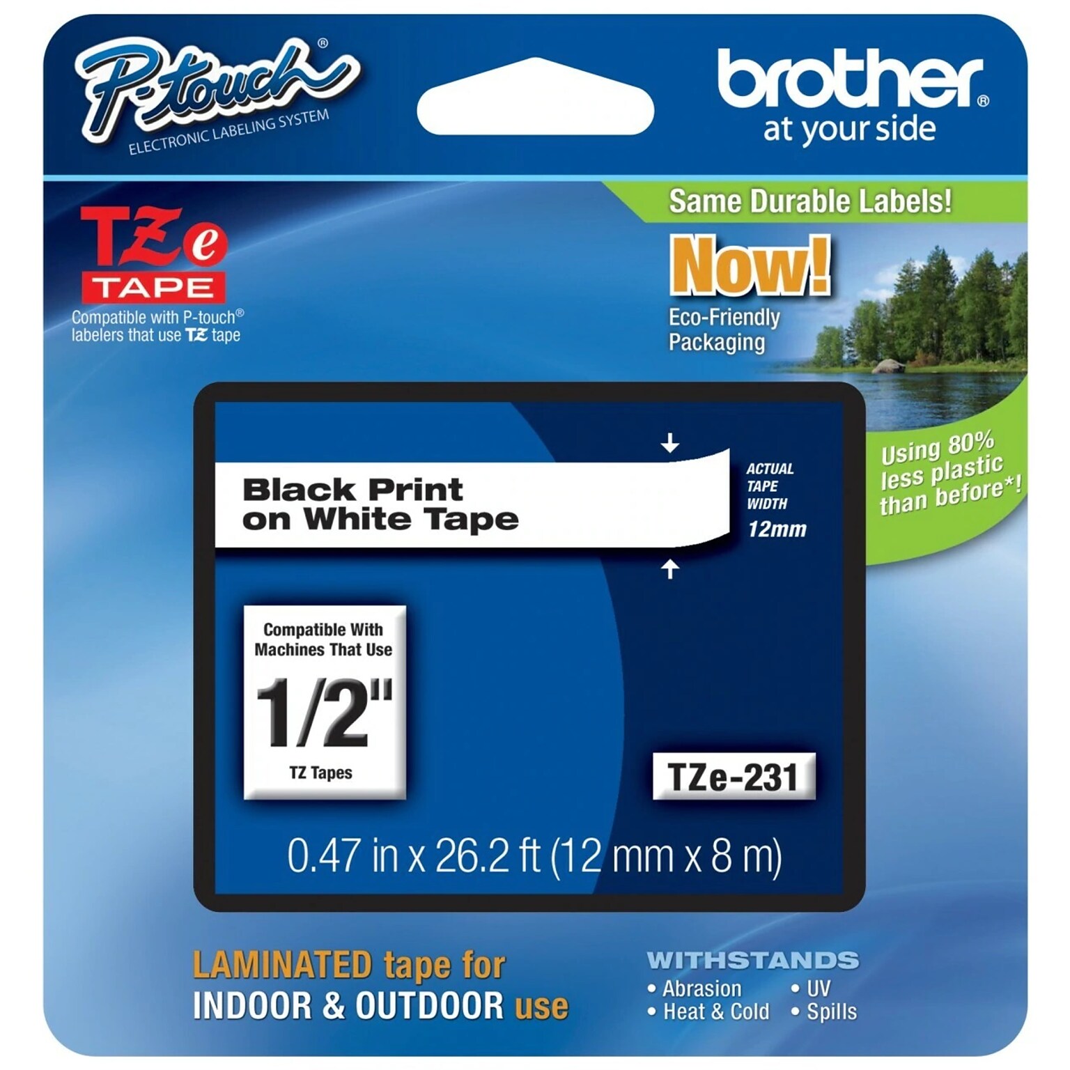 Brother P-touch TZe-231 Laminated Label Maker Tape, 1/2 x 26-2/10, Black On White (TZe-231)