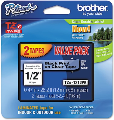 Brother P-touch TZe-131 Laminated Label Maker Tape, 1/2 x 26-2/10, Black on Clear, 2/Pack (TZe-131