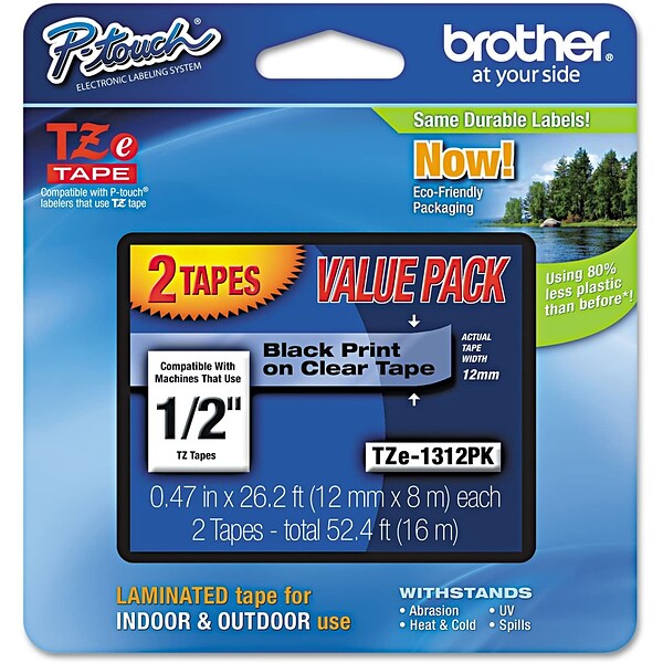 Brother Genuine P-touch TZe-1312PK Label Maker Tape, 1/2W, Black On Clear, 2/Pack
