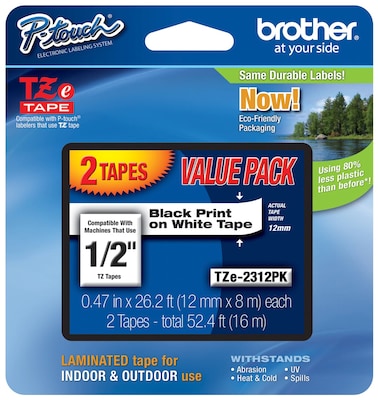 Brother P-touch TZe-231 Laminated Label Maker Tape, 1/2 x 26-2/10, Black On White, 2/Pack (TZe-231