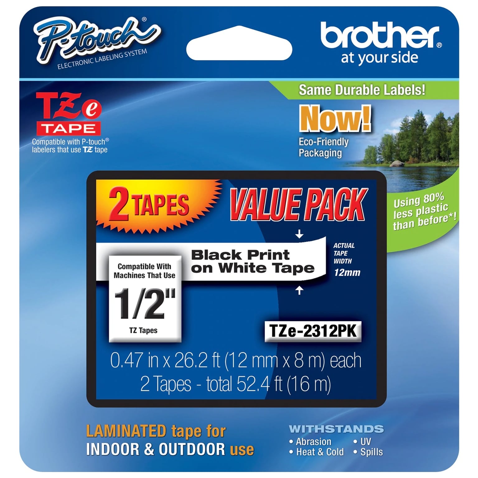 Brother P-touch TZe-231 Laminated Label Maker Tape, 1/2 x 26-2/10, Black On White, 2/Pack (TZe-2312PK)