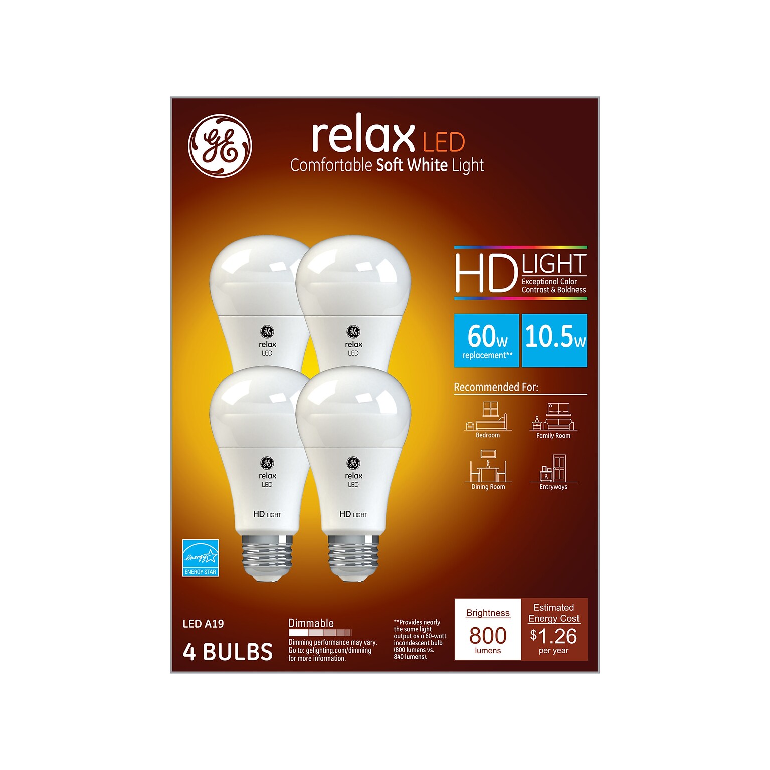 GE 10.5W A19 LED Bulb Lighting, 4/Pack (42977)