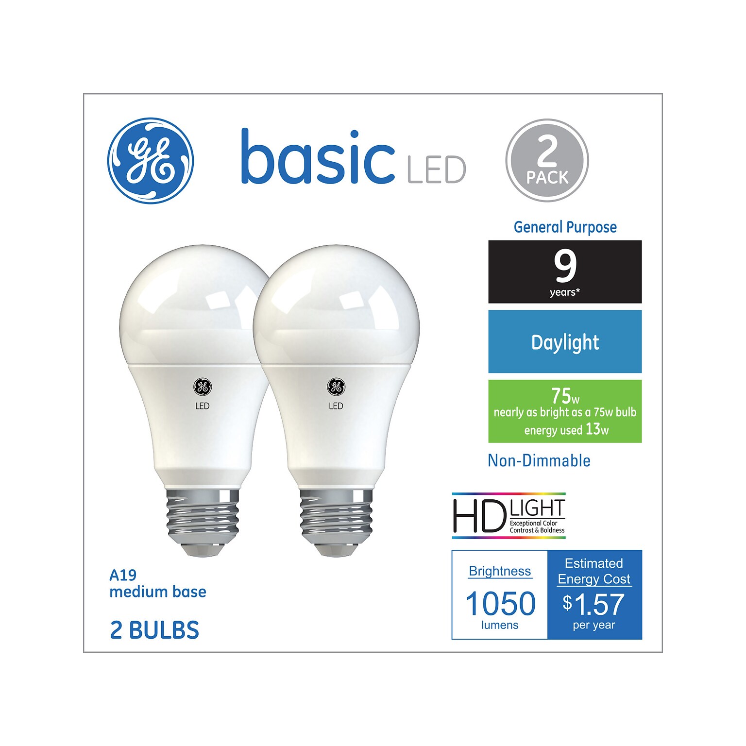 GE Basic 13W A21 LED Bulb, 2/Pack (37019)