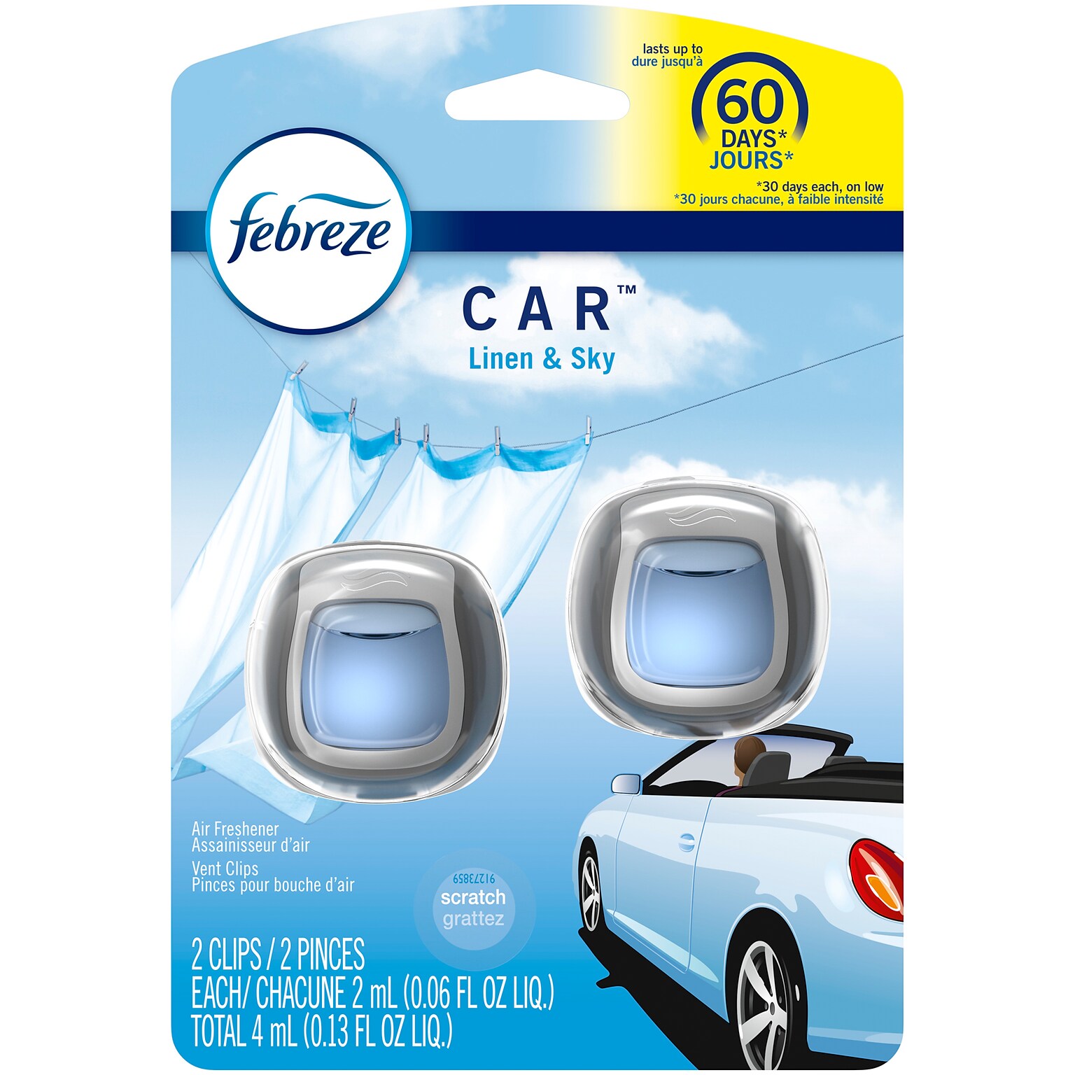 Febreze Odor-Eliminating Car Air Fresheners Vent Clip, Linen and Sky, 2/Pack