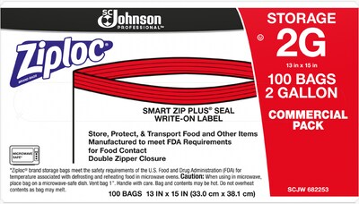Ziploc Double Zipper Storage Bags, 2 Gallon, 100 Bags/Carton (682253)