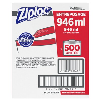 Ziploc Double Zipper Storage Bags, Quart, 500 Bags/Carton (682256)