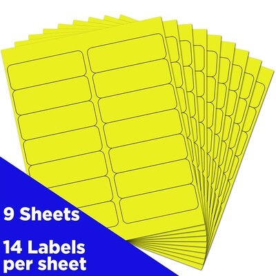 JAM Paper Address Labels, 1 1/3" x 4", Neon Yellow, 14 Labels/Sheet, 9 Sheets/Pack (359329614)