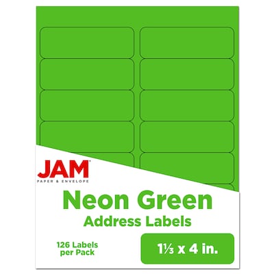 JAM Paper Address Labels, 1 1/3 x 4, Neon Green, 14 Labels/Sheet, 9 Sheets/Pack (359329613)