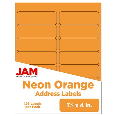 JAM Paper Address Labels, 1 1/3 x 4, Neon Orange, 14 Labels/Sheet, 9 Sheets/Pack (359329611)