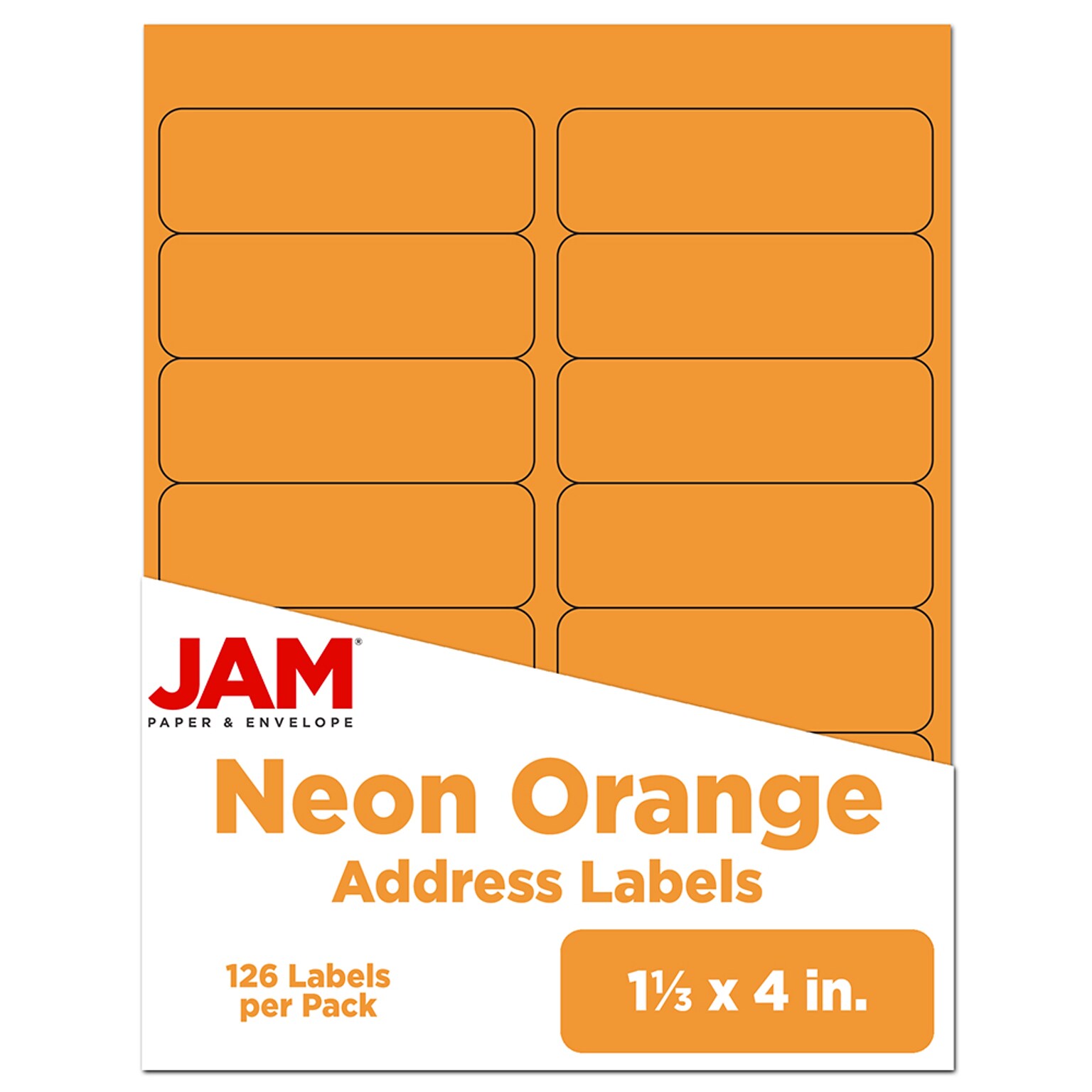 JAM Paper Address Labels, 1 1/3 x 4, Neon Orange, 14 Labels/Sheet, 9 Sheets/Pack (359329611)