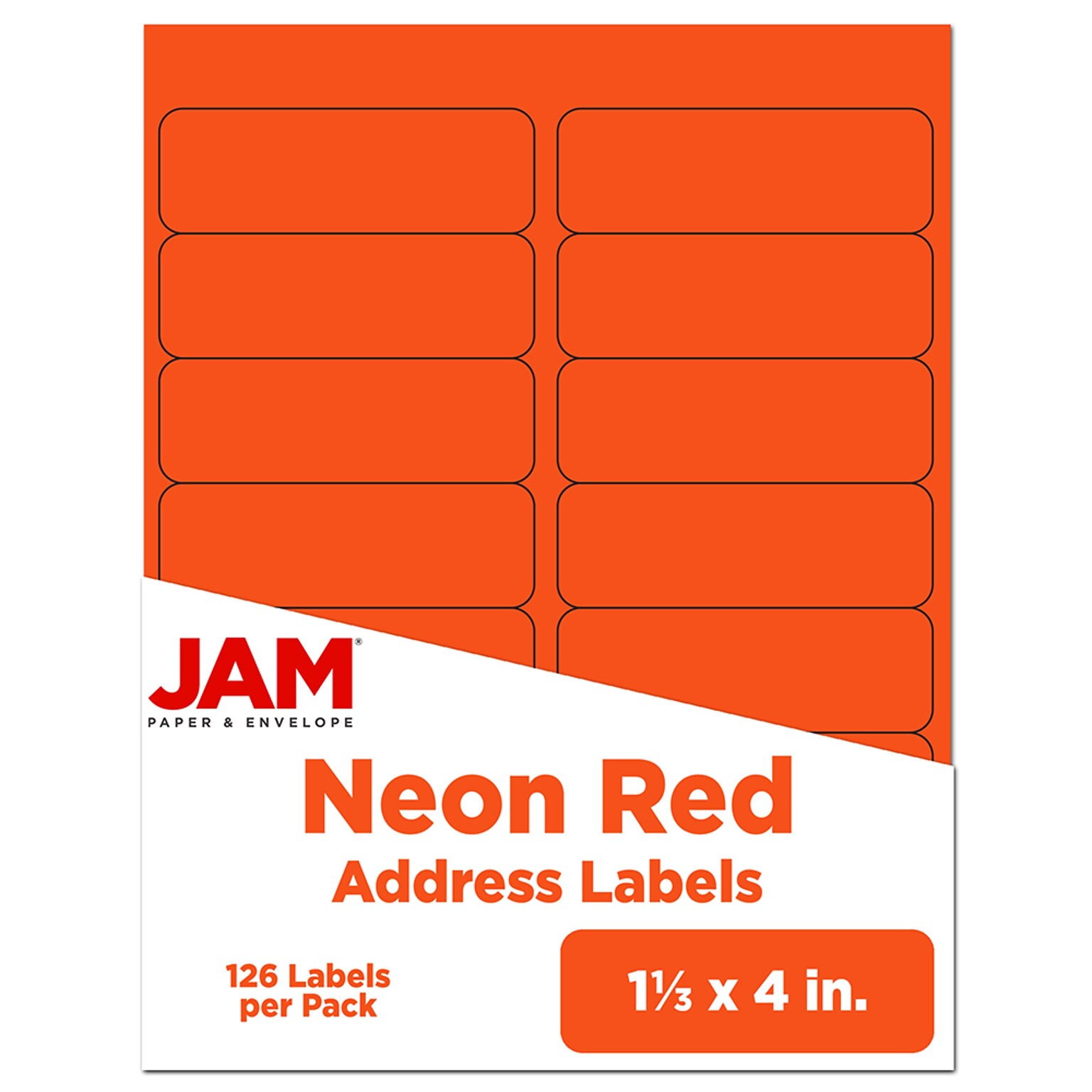 JAM Paper® Address Labels, 1 1/3 x 4, Neon Red, 14 Labels/Sheet, 9 Sheets/Pack, 126 Labels/Pack (359329610)