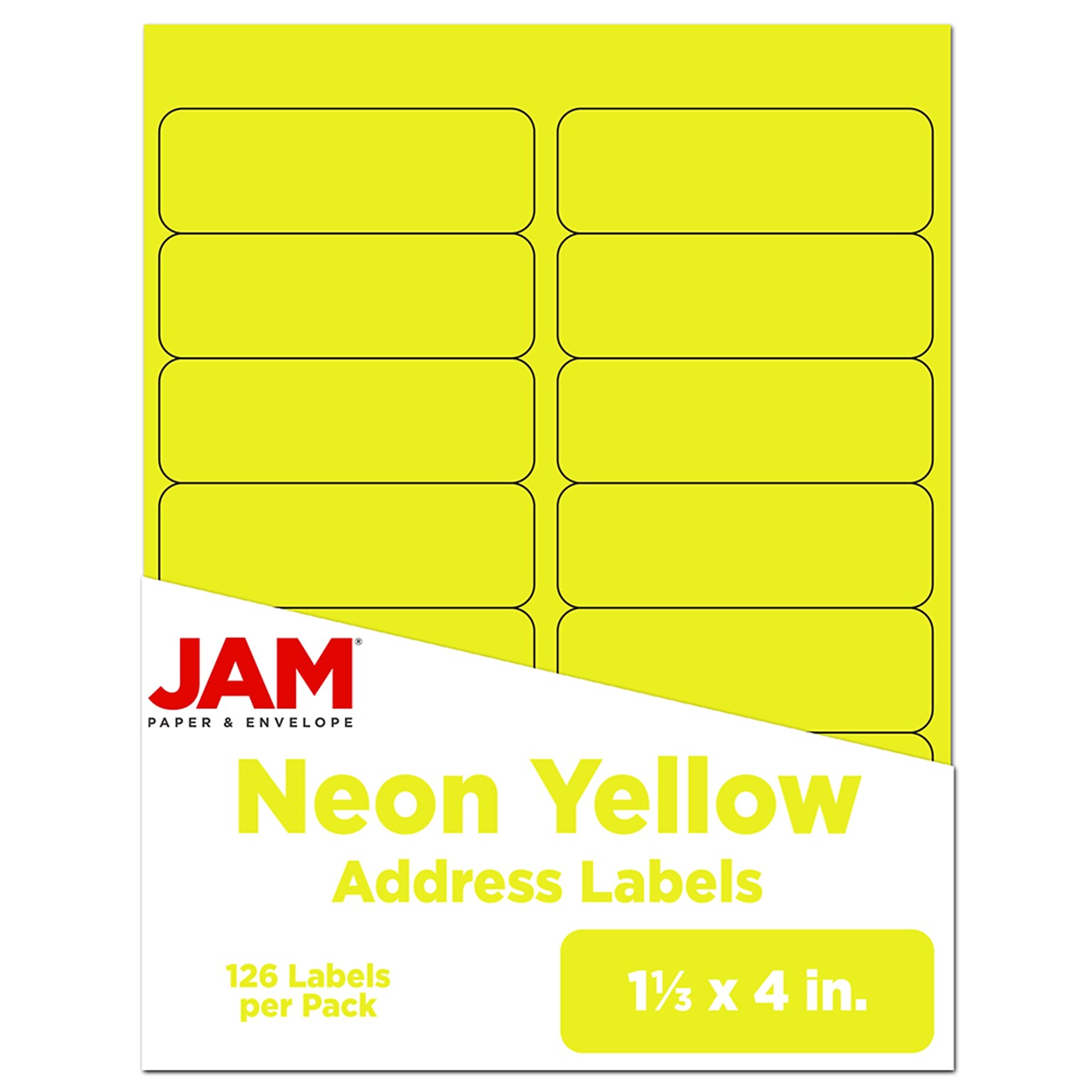 JAM Paper Address Labels, 1 1/3 x 4, Neon Yellow, 14 Labels/Sheet, 9 Sheets/Pack (359329614)