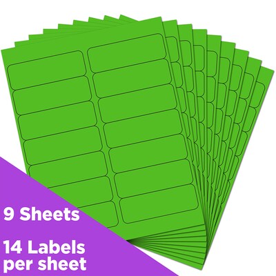 JAM Paper Address Labels, 1 1/3 x 4, Neon Green, 14 Labels/Sheet, 9 Sheets/Pack (359329613)