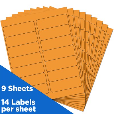 JAM Paper Address Labels, 1 1/3" x 4", Neon Orange, 14 Labels/Sheet, 9 Sheets/Pack (359329611)