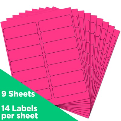 JAM Paper Address Labels, 1 1/3 x 4, Neon Pink, 14 Labels/Sheet, 9 Sheets/Pack (359329612)